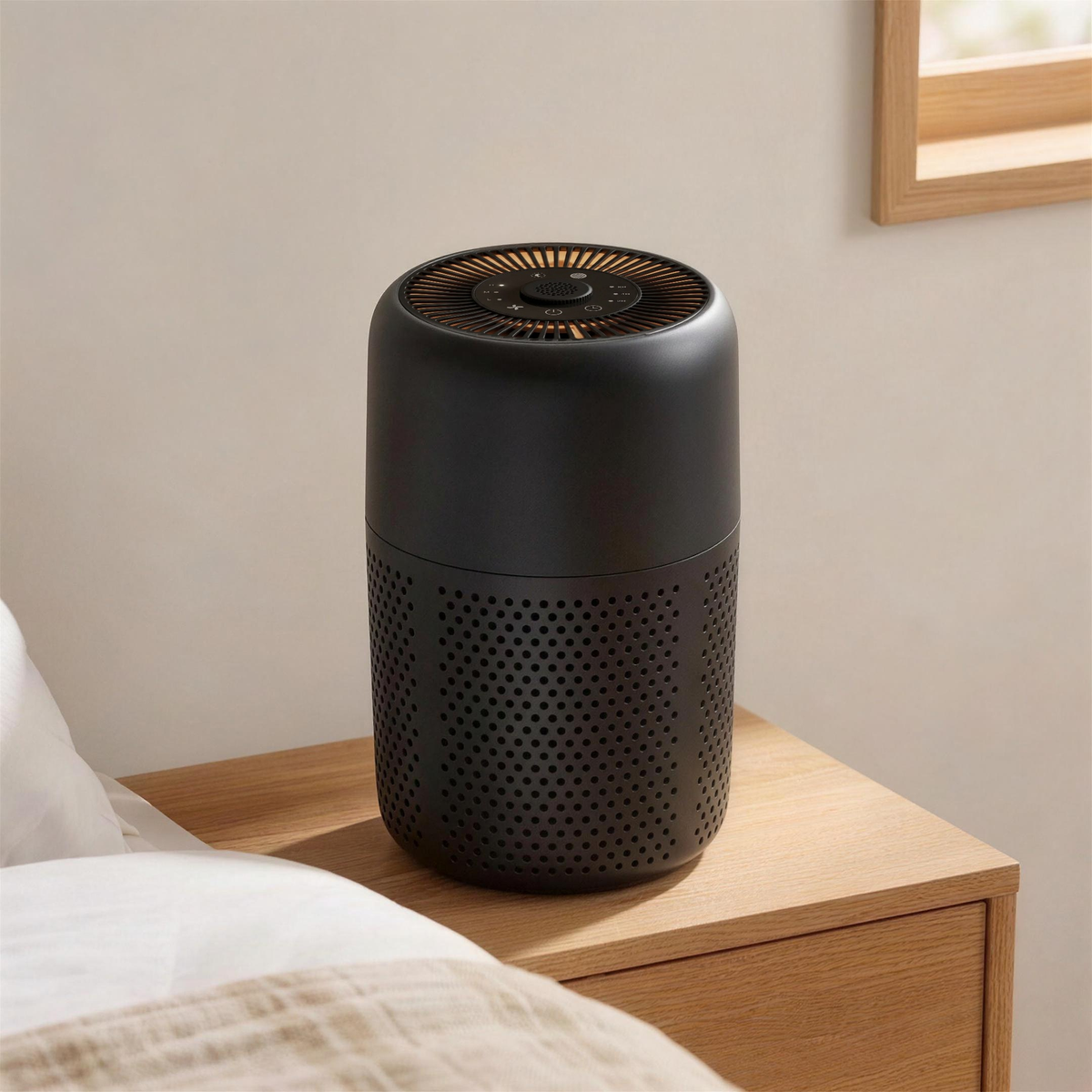 Von Air Purifier Mini in black on a bedside table