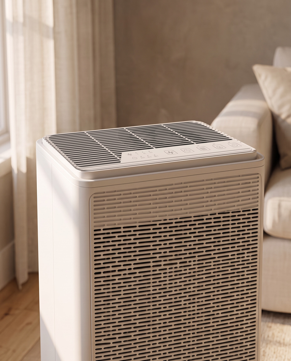 Von air purifier top in a sunlit living room